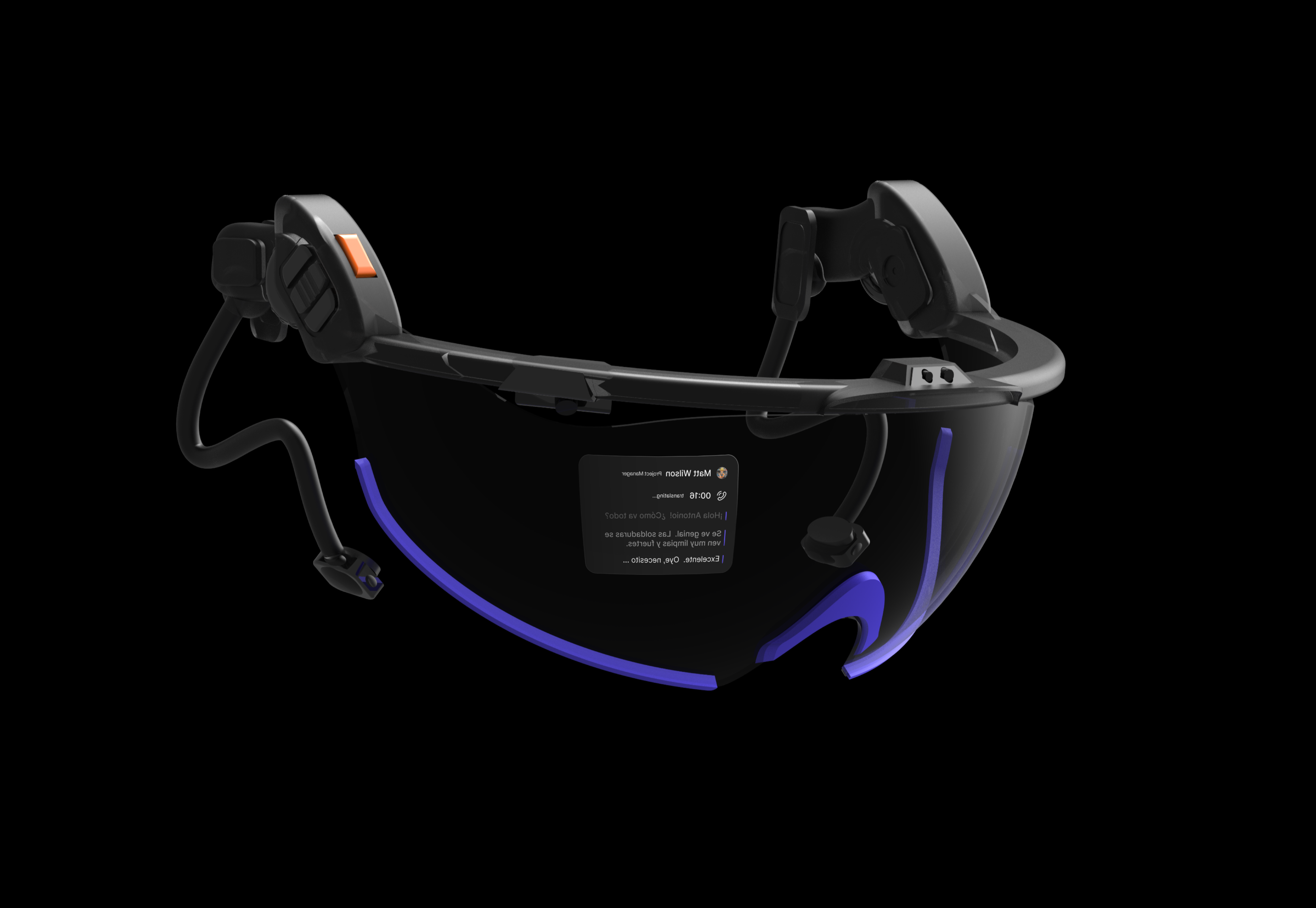Argus visor showing its front sensors, OLED projector, tactile controls, and bone-conduction earpieces