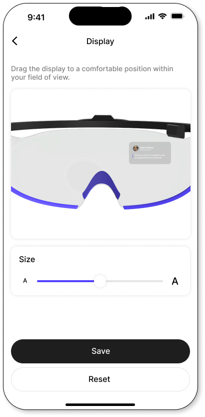 Argus Display settings with a visor preview, draggable notification, size slider, Save, and Reset