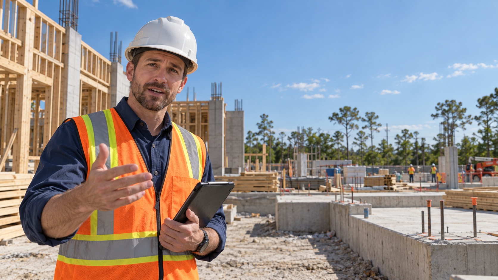 Worker’s view of a project manager speaking on a construction site