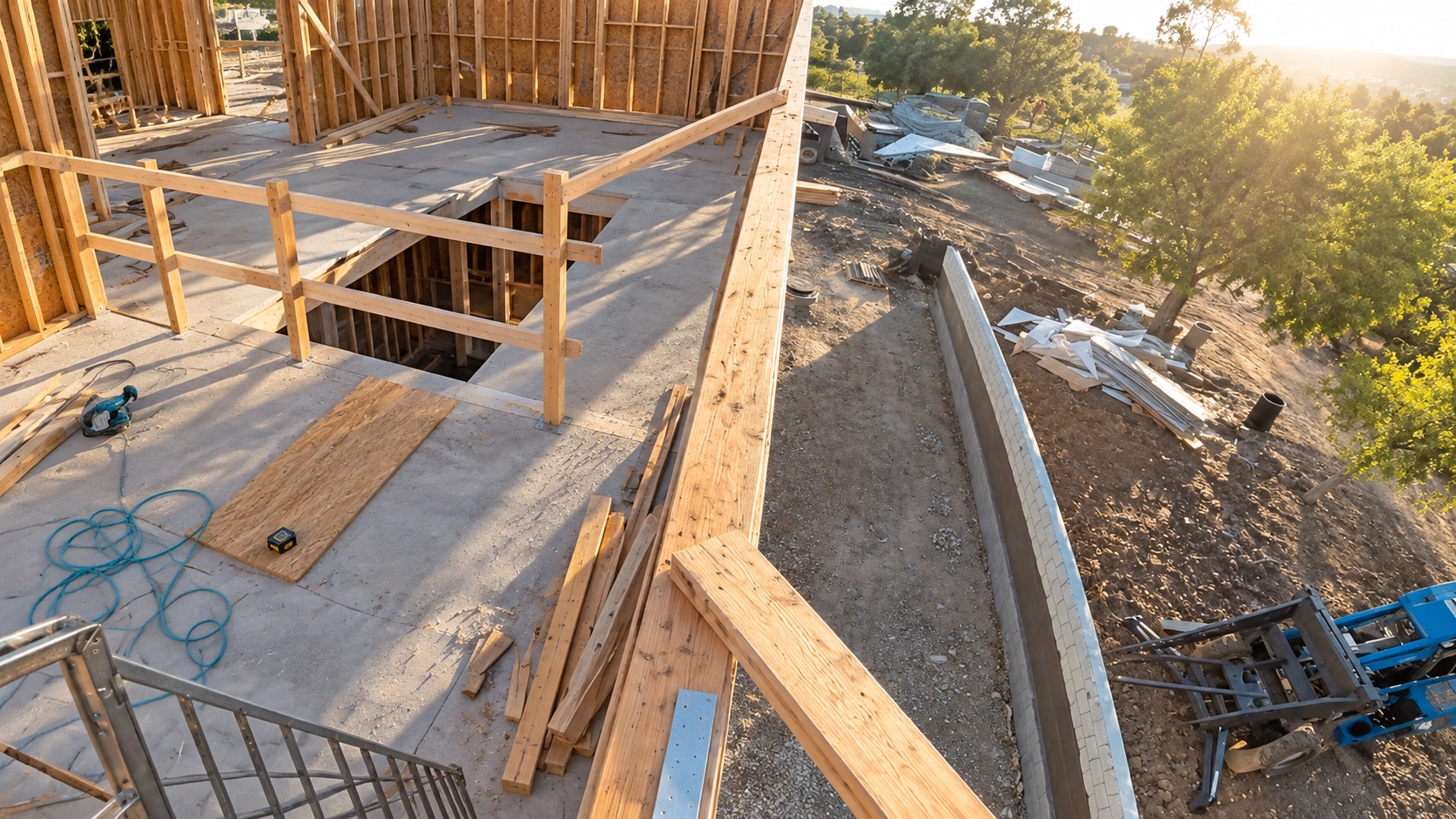 Worker’s view of an unfinished floor and exposed edge on a construction site