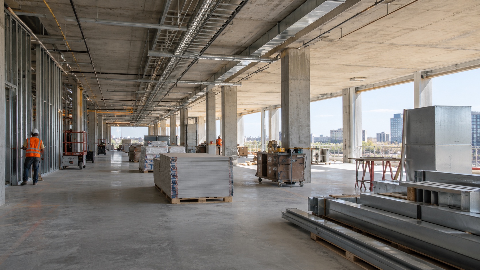 Worker’s view inside a commercial building under construction, with concrete columns and building materials