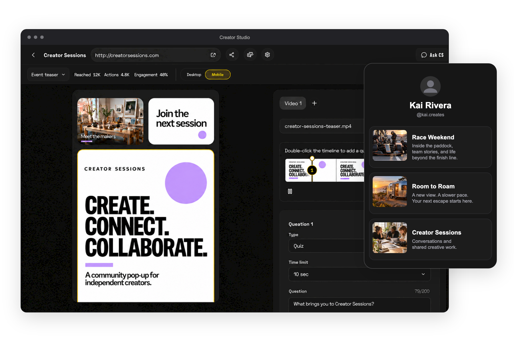 Creator Studio editor in a browser frame alongside Kai Rivera’s TOIbox with three example Scrolls