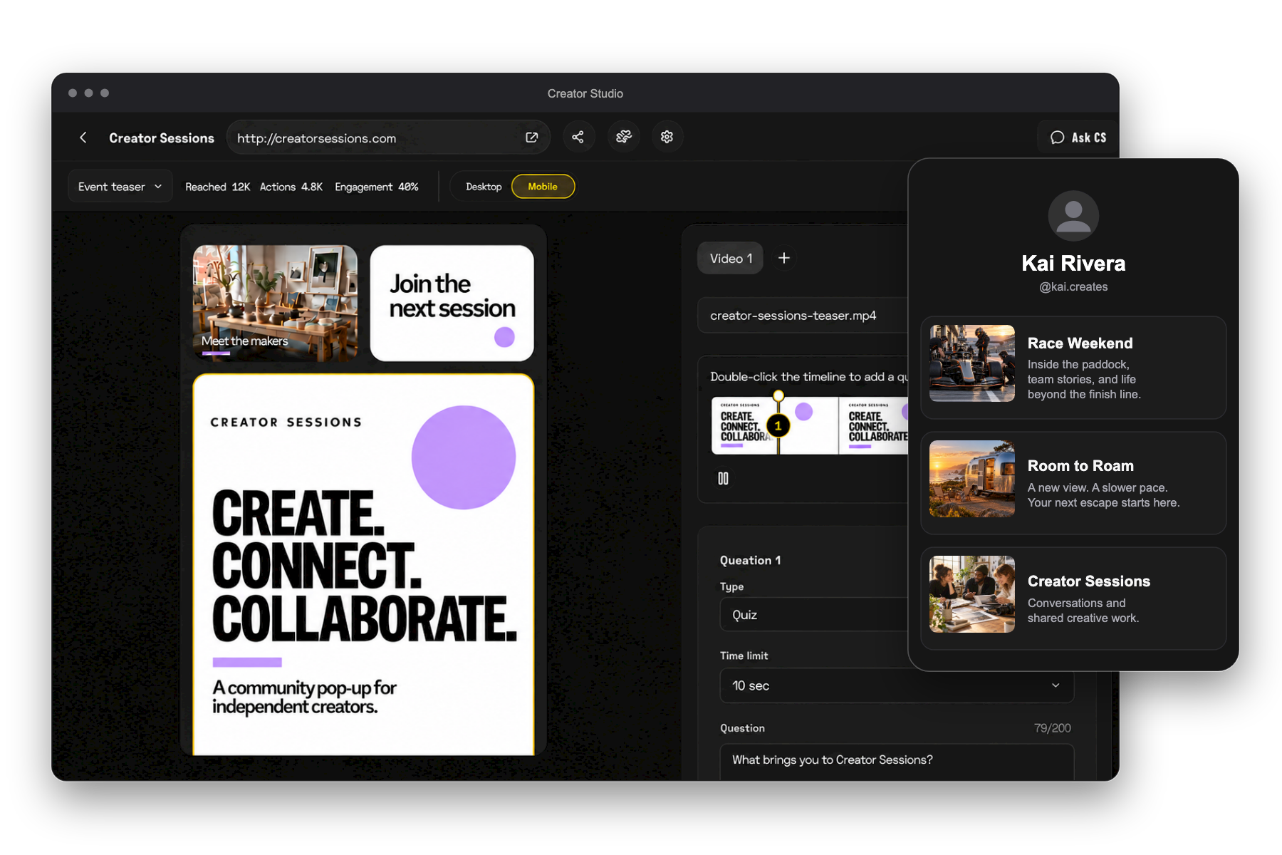 Creator Studio editor in a browser frame alongside a My TOIbox profile for Kai Rivera with an empty avatar and three Scrolls