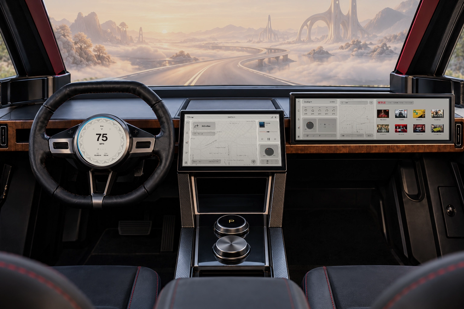 TYR Drive mode with matching display colors and dreamlike exterior scenery