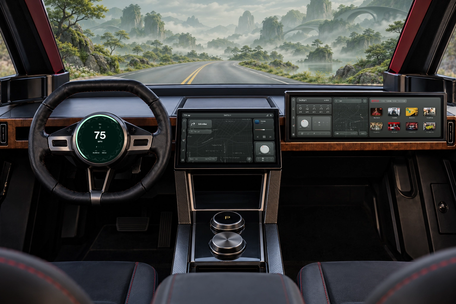 TYR Eco mode with matching display colors and dreamlike exterior scenery