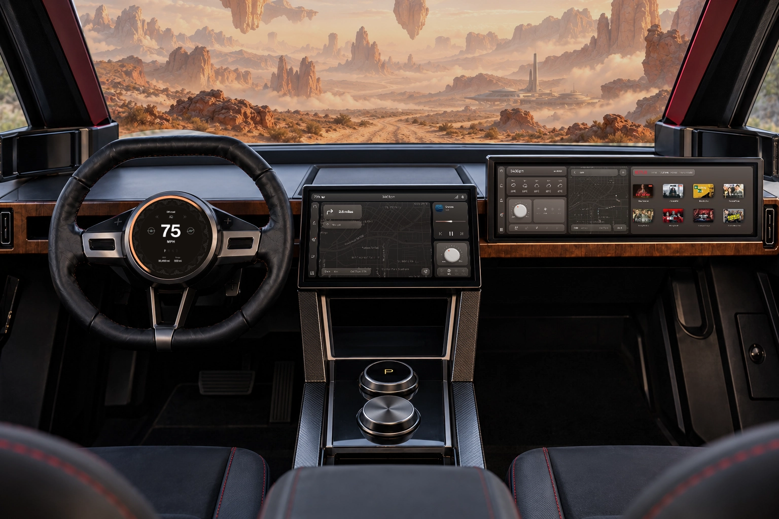 TYR Off-Road mode with matching display colors and dreamlike exterior scenery