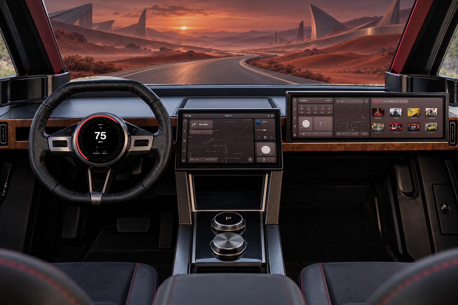 TYR Sports mode with matching display colors and dreamlike exterior scenery