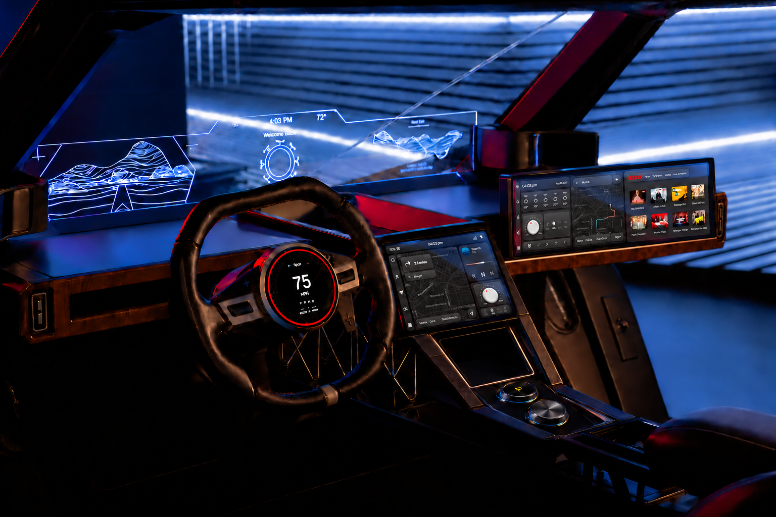 TYR interior visualization showing the driver, center, and passenger displays