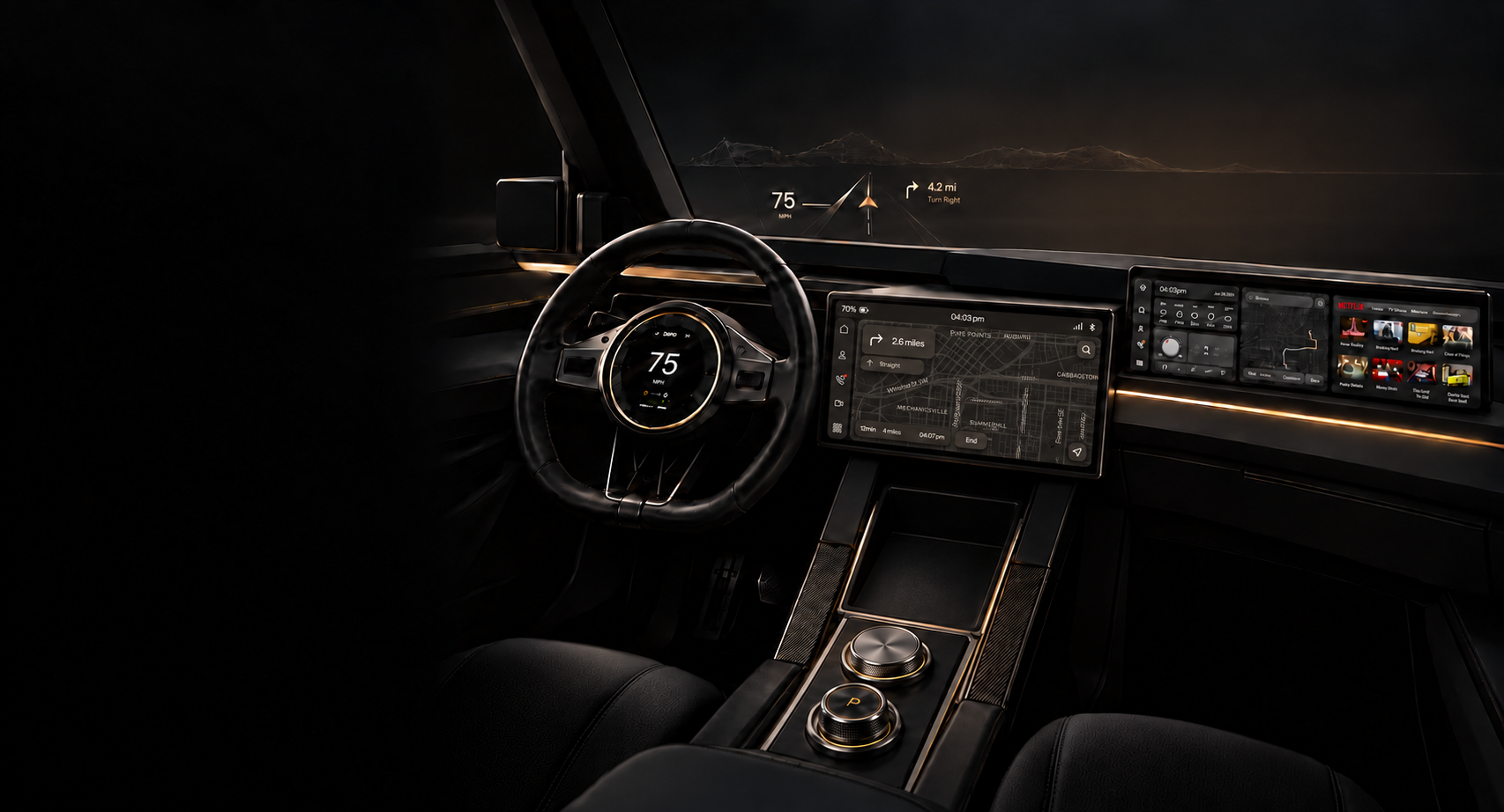 TYR cockpit with rectangular center touchscreen, circular driver display, and raised passenger display