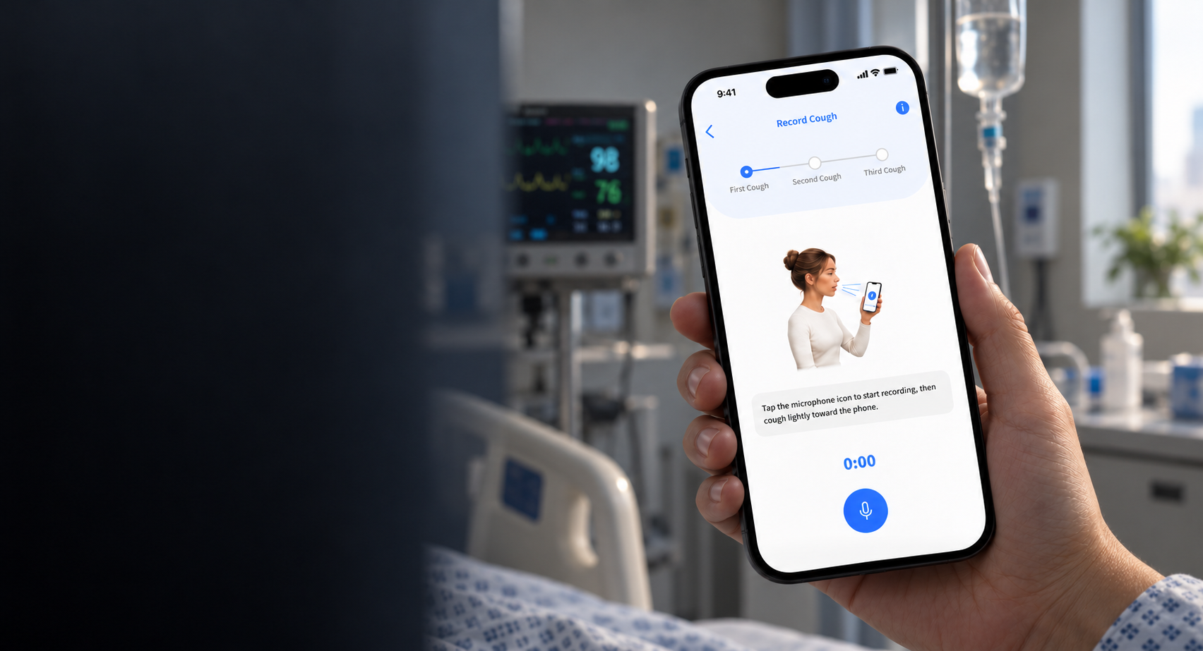 Hand holding Virufy’s Record Cough mobile research screen in a clinical setting